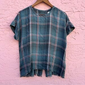 Cloth & Stone Anthropologie Green Plaid Short Sleeve Top Size Medium